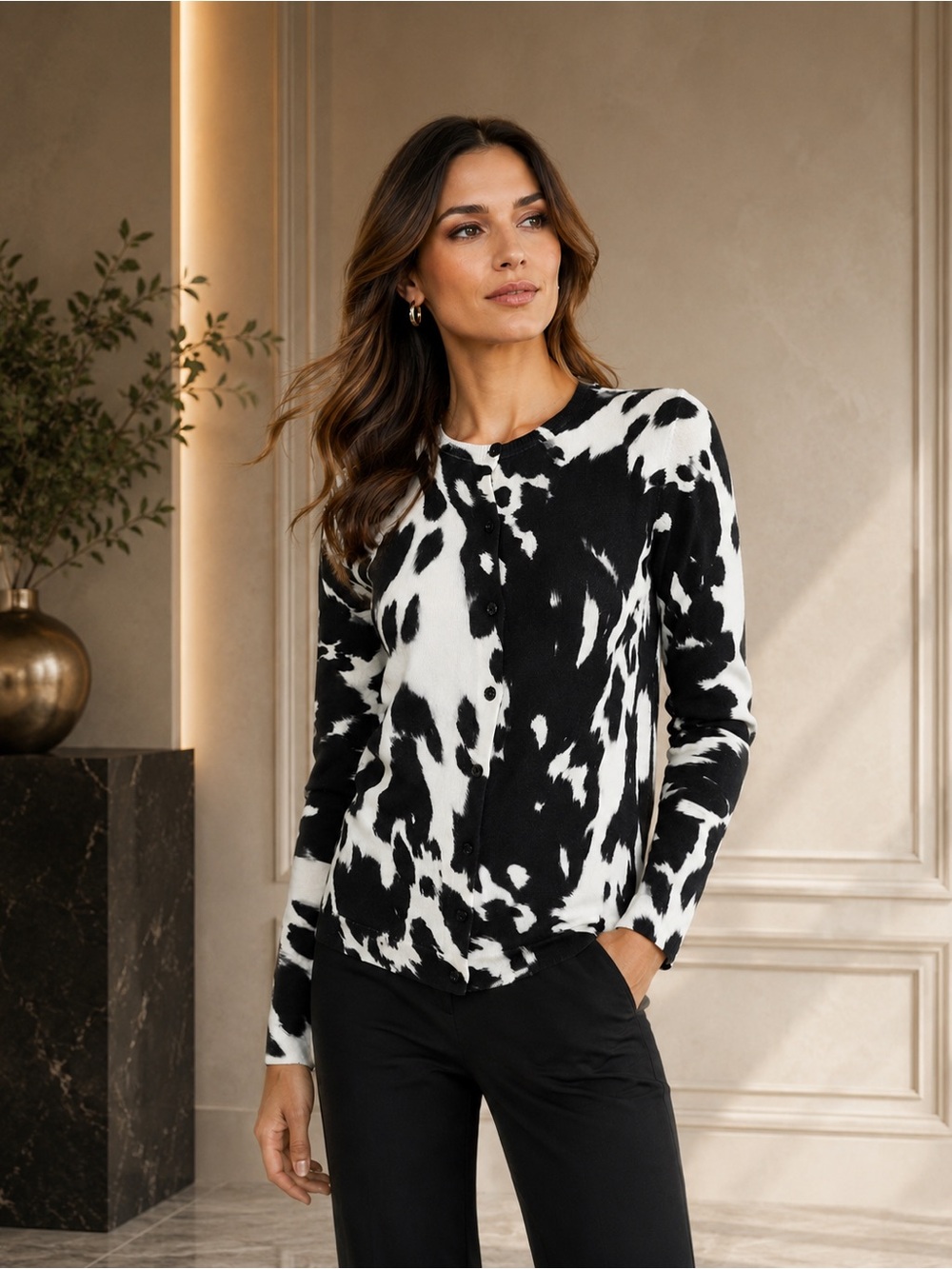 NEW - OSCAR DE LA RENTA COW PRINT CARDIGAN IN BLACK AND WHITE, Size Small